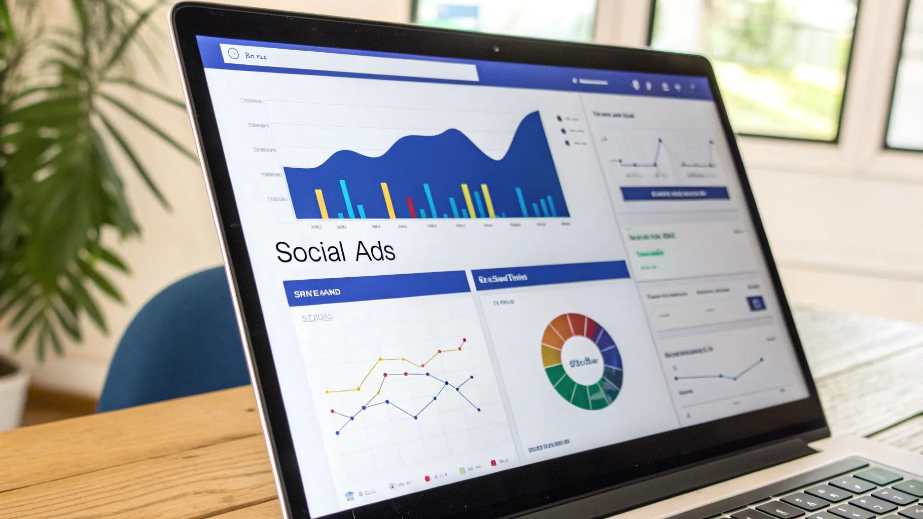 A legal professional analyzing a paid social media ad campaign on a laptop.