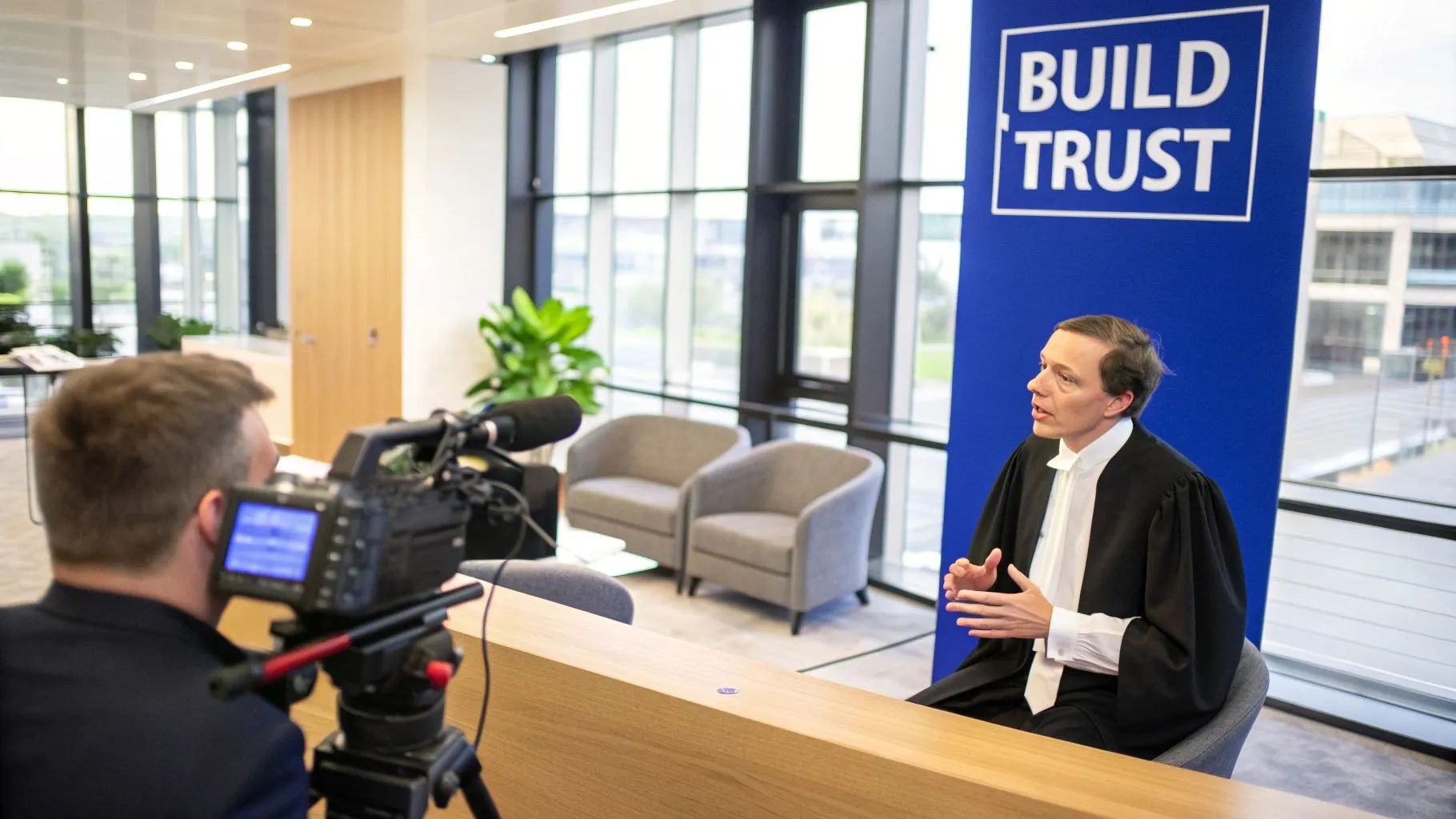 A lawyer filming a video in a professional office setting.