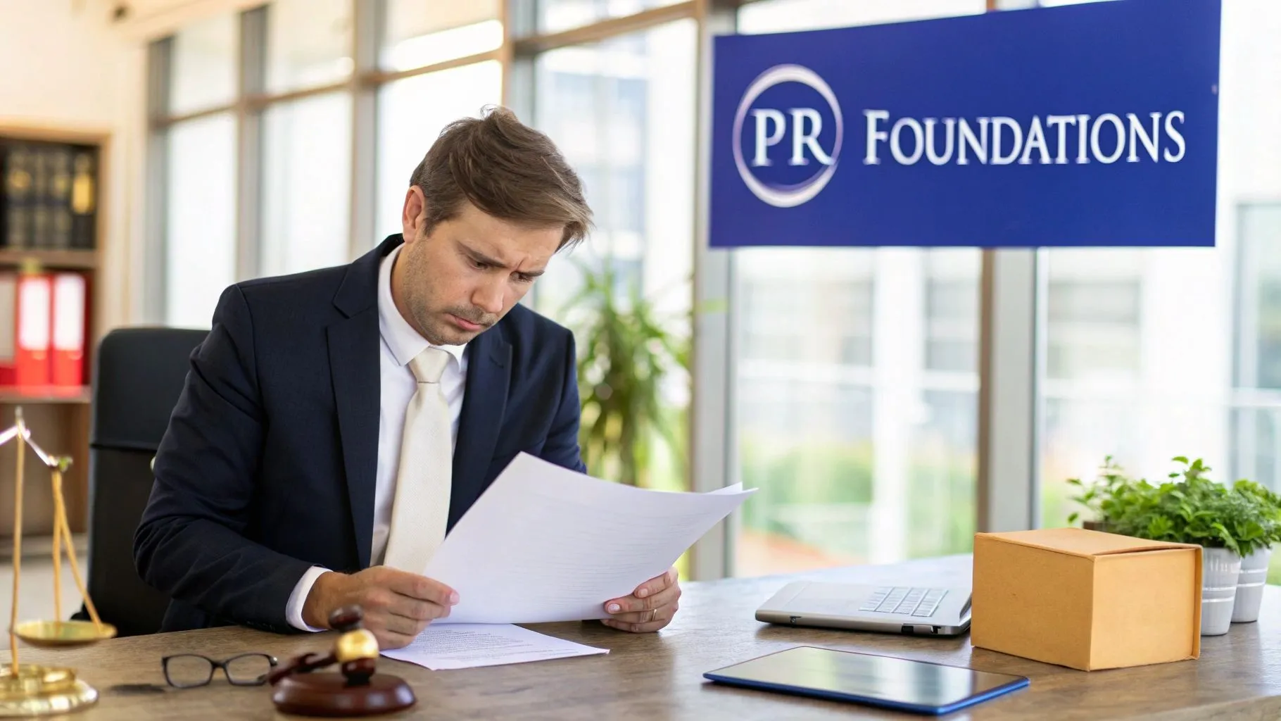 A group of lawyers discussing public relations strategies in a modern office.