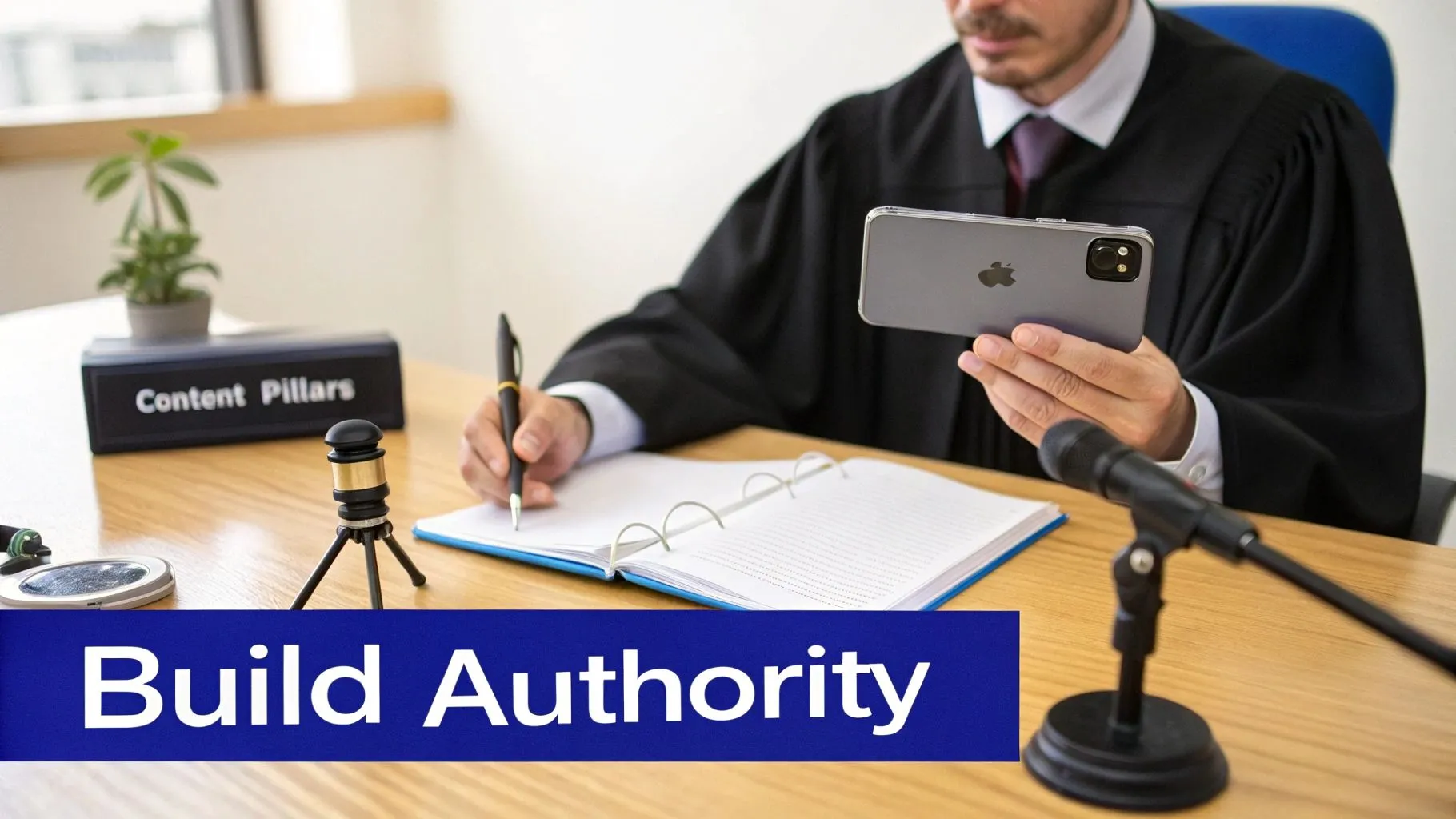 Lawyer reviewing content strategy on a tablet.