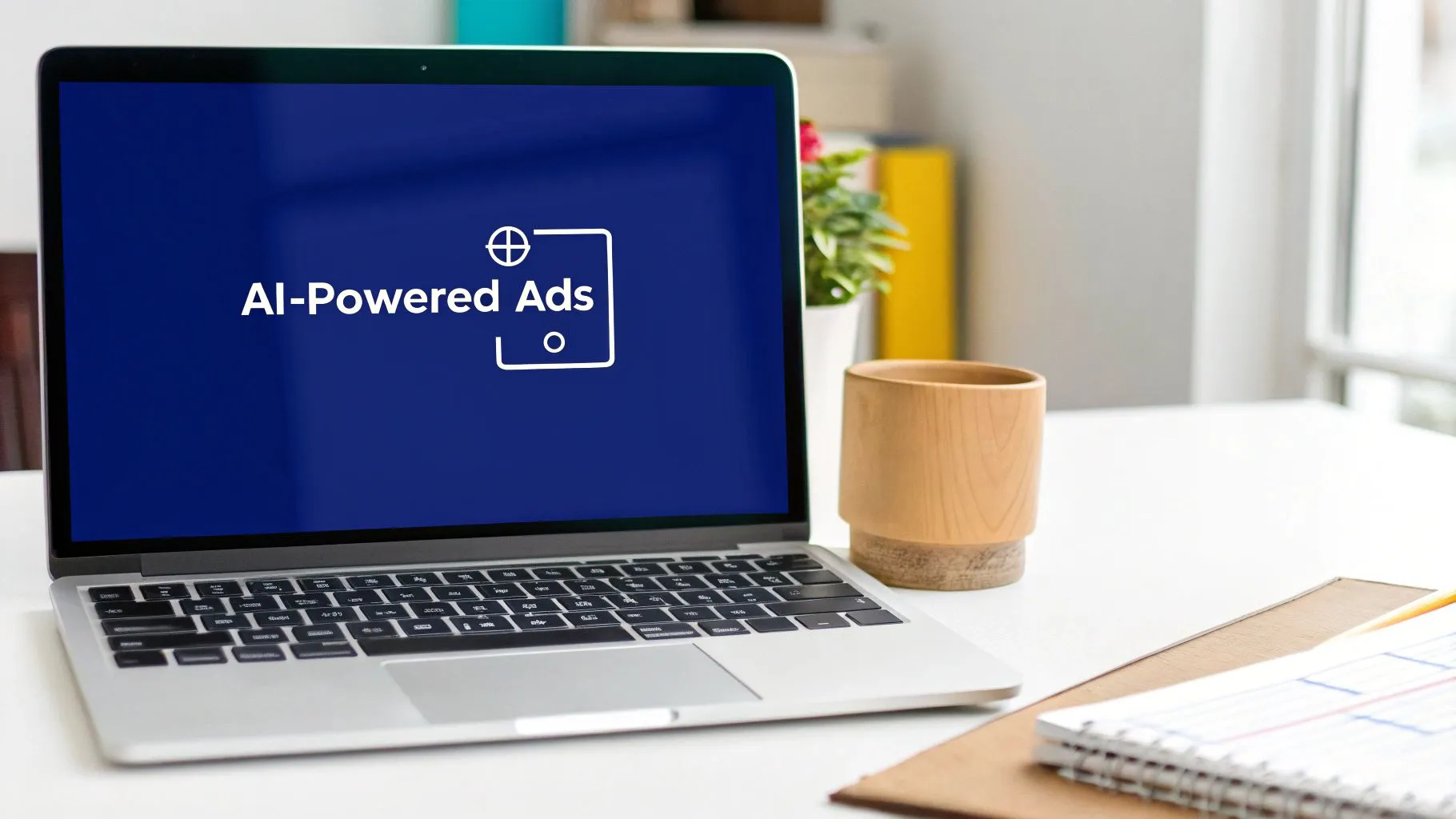 Laptop displaying AI-Powered Ads text on blue screen in modern office workspace