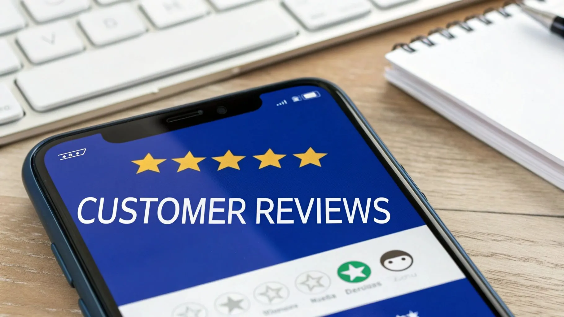 A smartphone screen displaying 'CUSTOMER REVIEWS' with five golden stars, symbolizing a perfect rating.