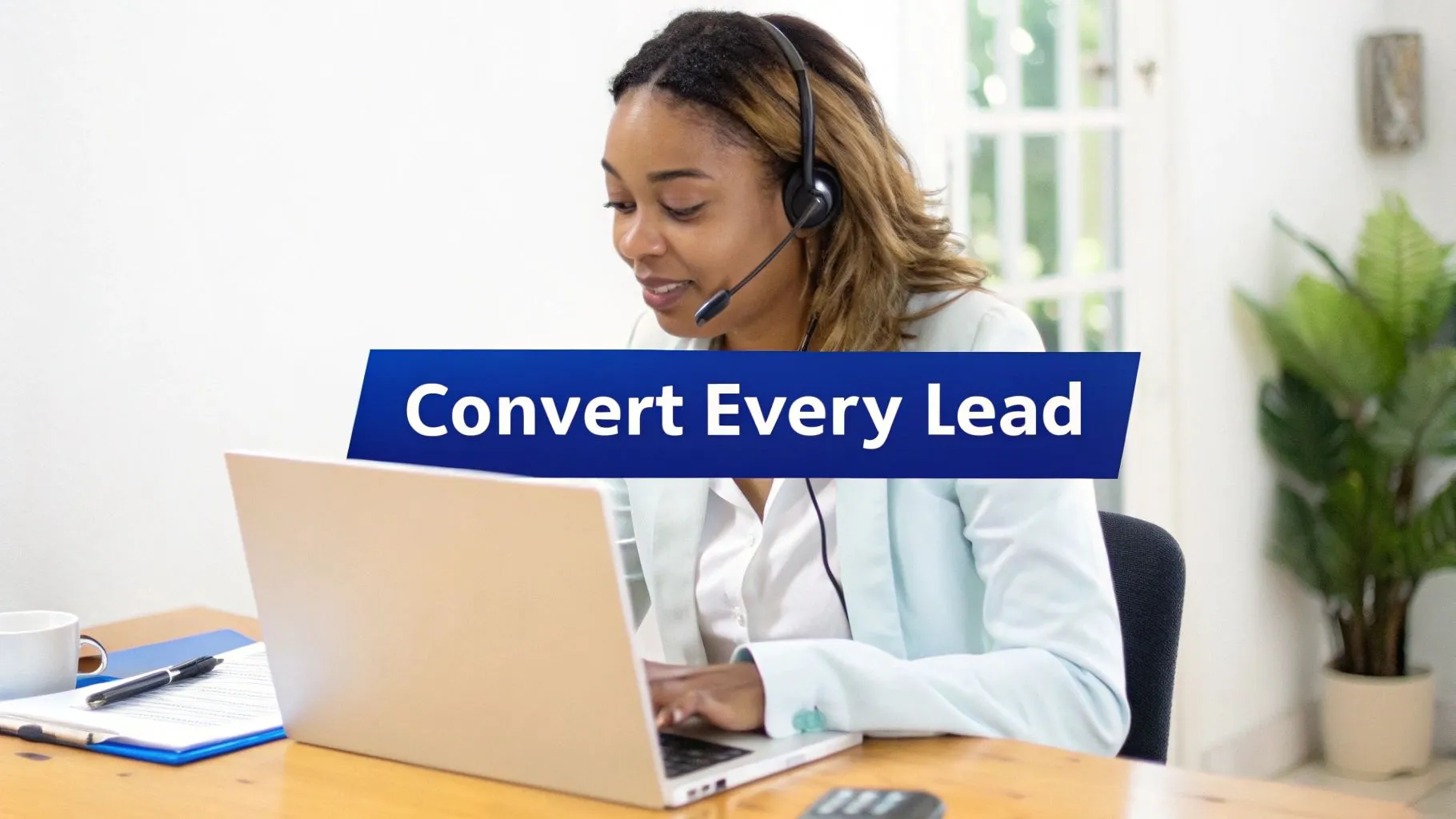 Professional woman wearing headset working on laptop providing customer service and lead conversion support