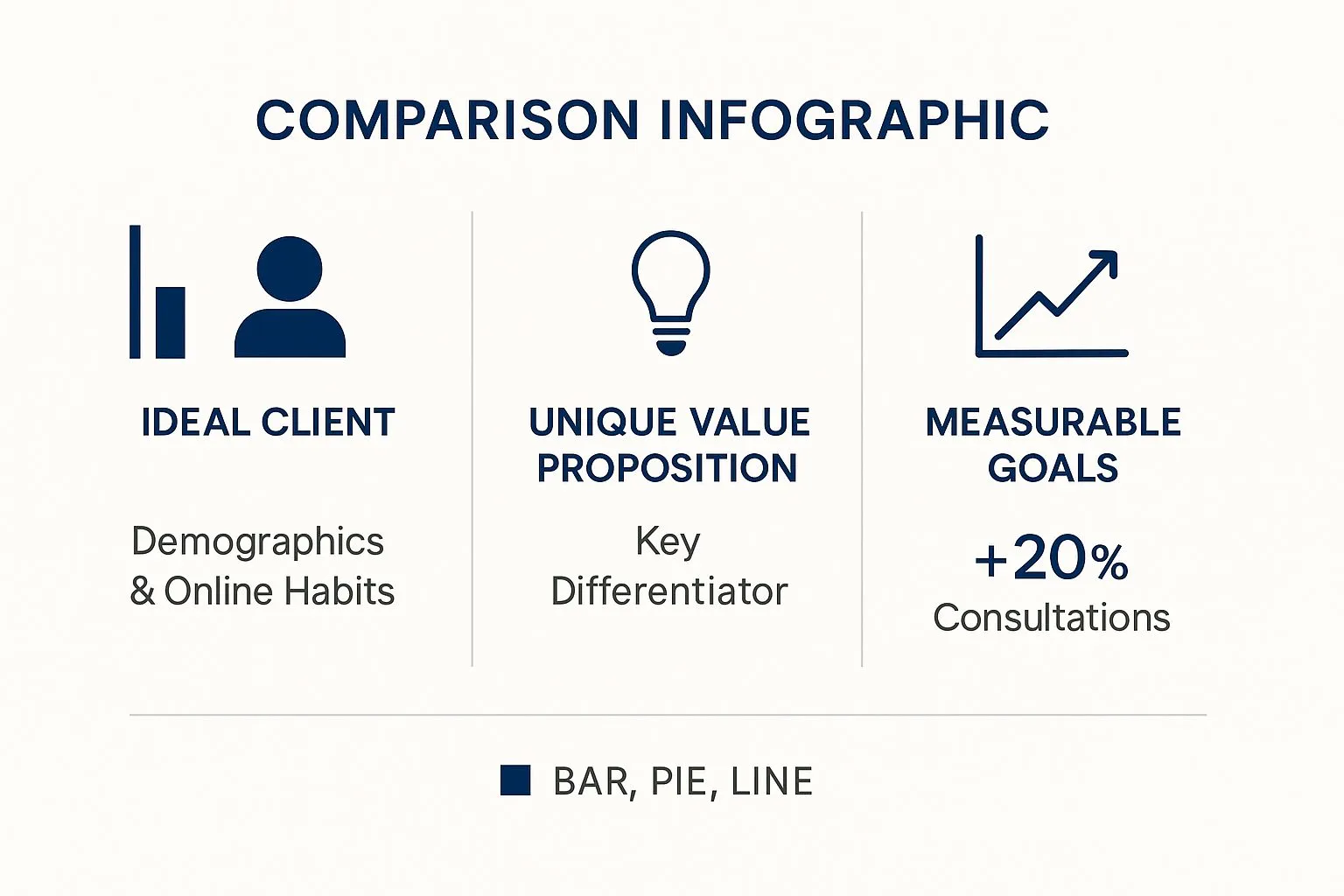Infographic about legal marketing for small firms, showing three columns for Ideal Client, Unique Value Proposition, and Measurable Goals with corresponding icons and text.
