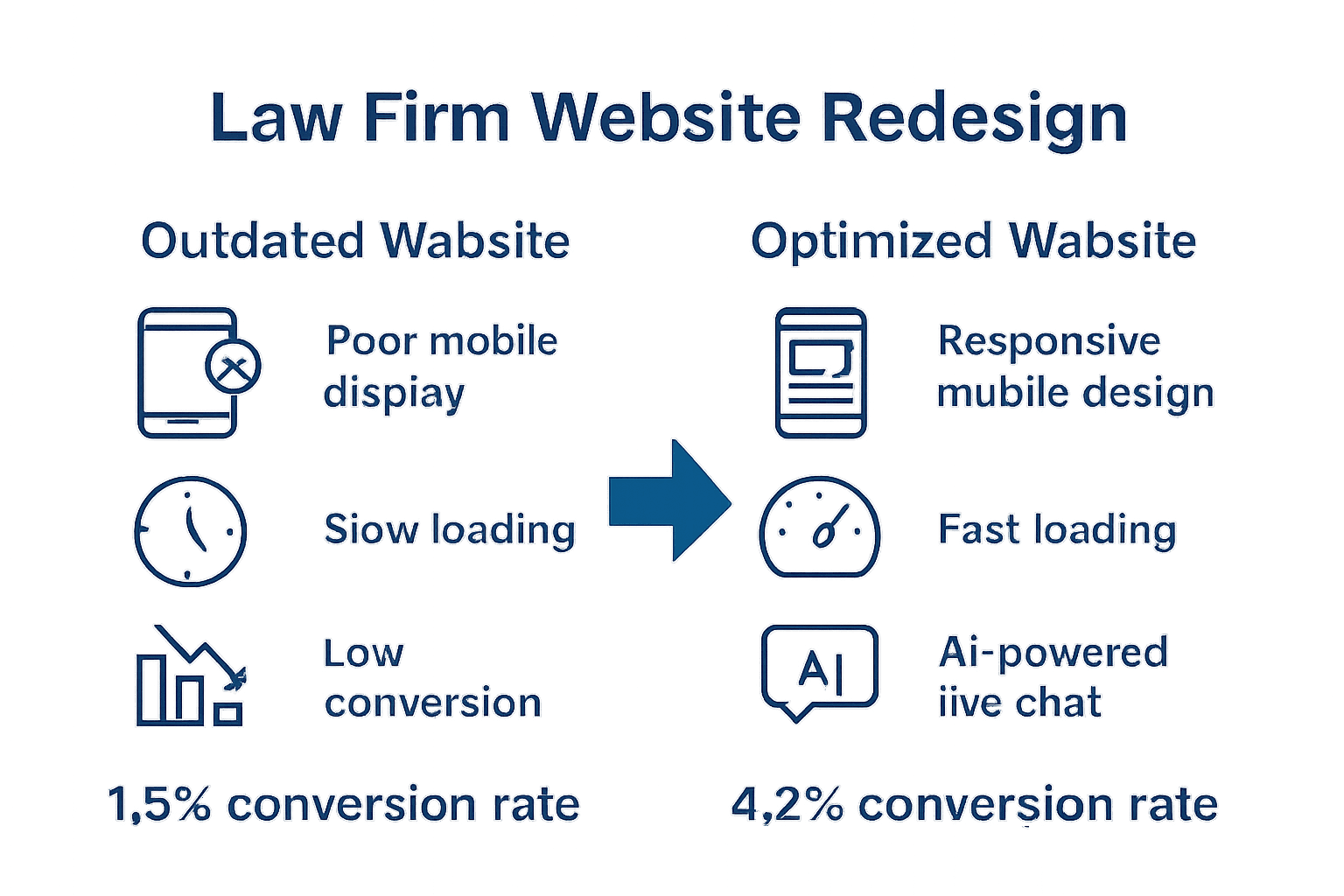 Infographic illustrating the improvement from outdated law firm website to optimized website with higher conversion.