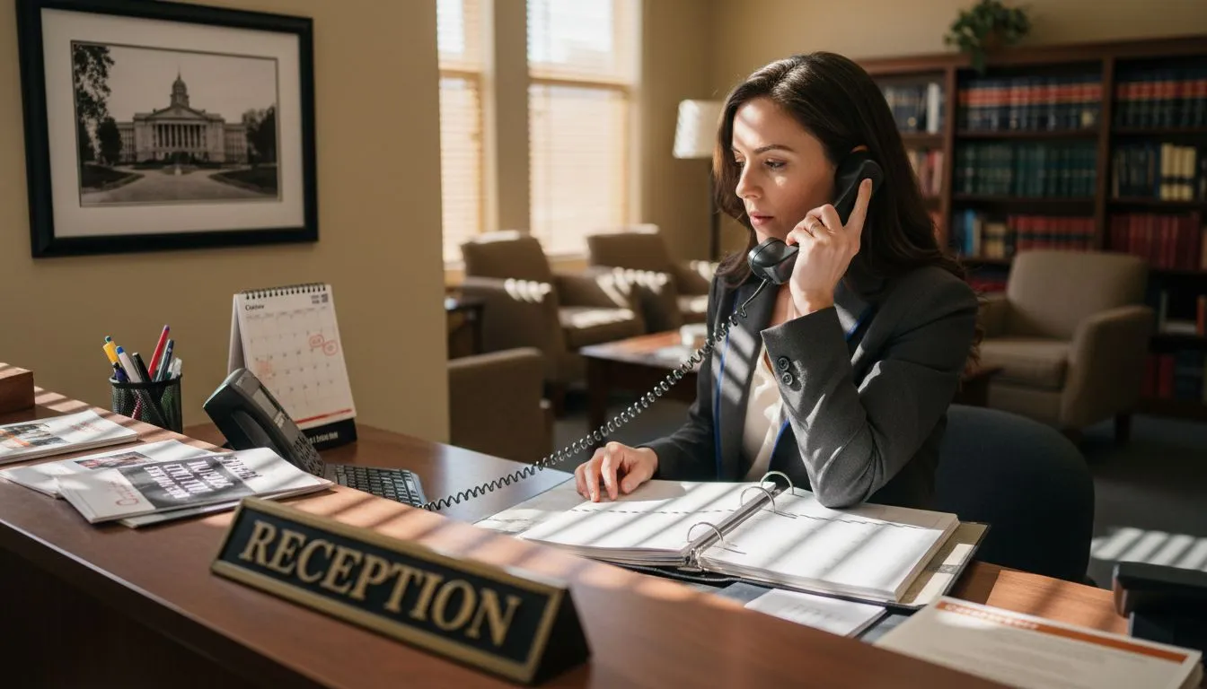Receptionist answering call at law firm front desk