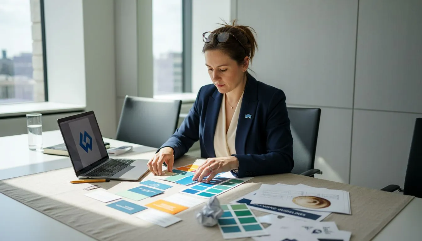 Designer reviews law firm visual branding materials