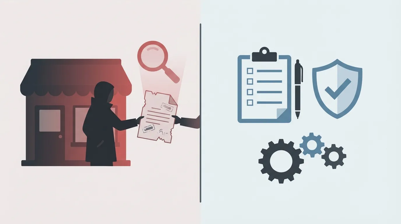 A split vector scene showing a small storefront with a shadowed figure handing a folded, subtly forged document under a magnifying glass on the left and HR compliance symbols including a clipboard, shield with checkmark, and gears on the right. Muted red tones highlight fraud, and muted blue tones represent compliance.
