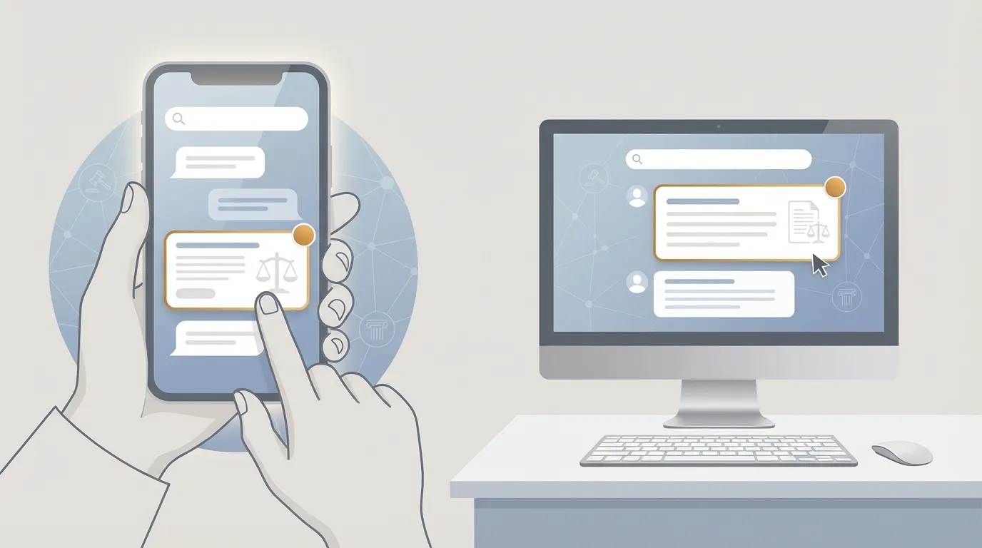 A clean vector illustration of a desktop monitor and smartphone showing an AI chat interface. The screens include a highlighted visual card indicating a paid placement. A hand taps the card on the phone while a desktop cursor hovers over the paid card. Subtle law-related icons like a balanced scale appear as silhouettes in the background. No text appears in the image.