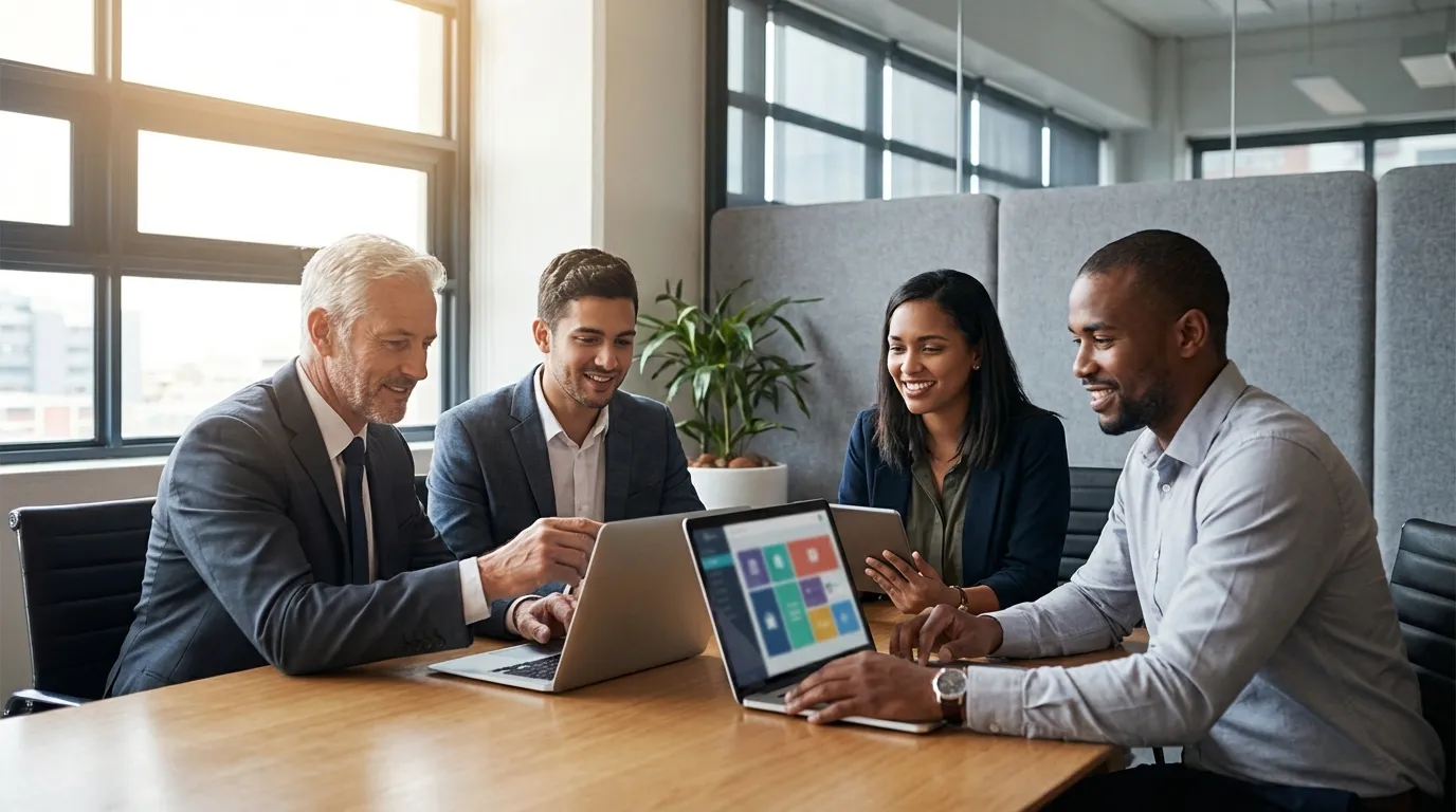 Diverse law firm team collaborating around a laptop and tablet, discussing a legal technology interface, professional office setting