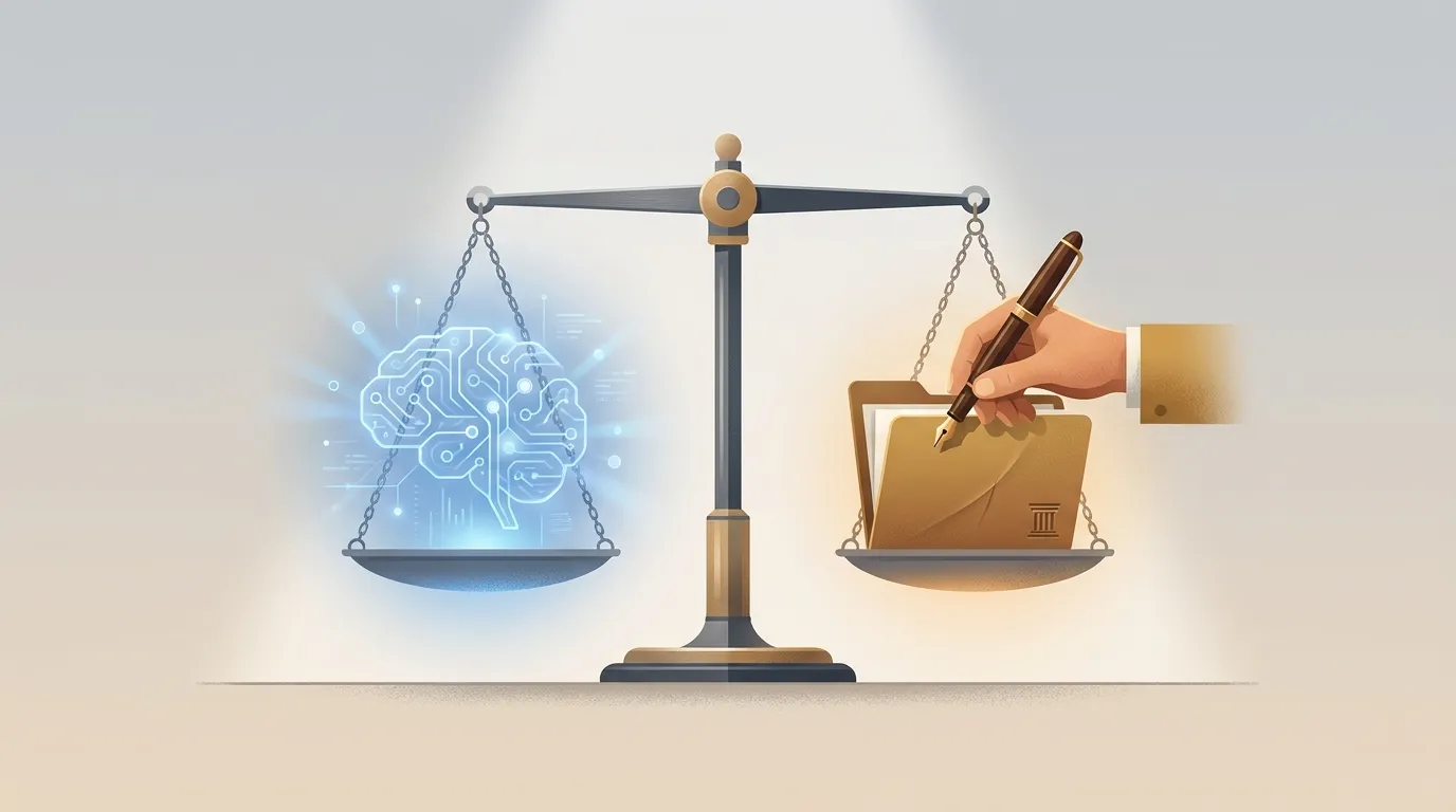 A minimal illustration of a balanced scale with an abstract glowing blue AI node cluster on one pan and a warm hand holding a pen and legal folder on the other, set against a clean neutral gradient to evoke the tension and cooperation between fast AI output and slow human judgment.