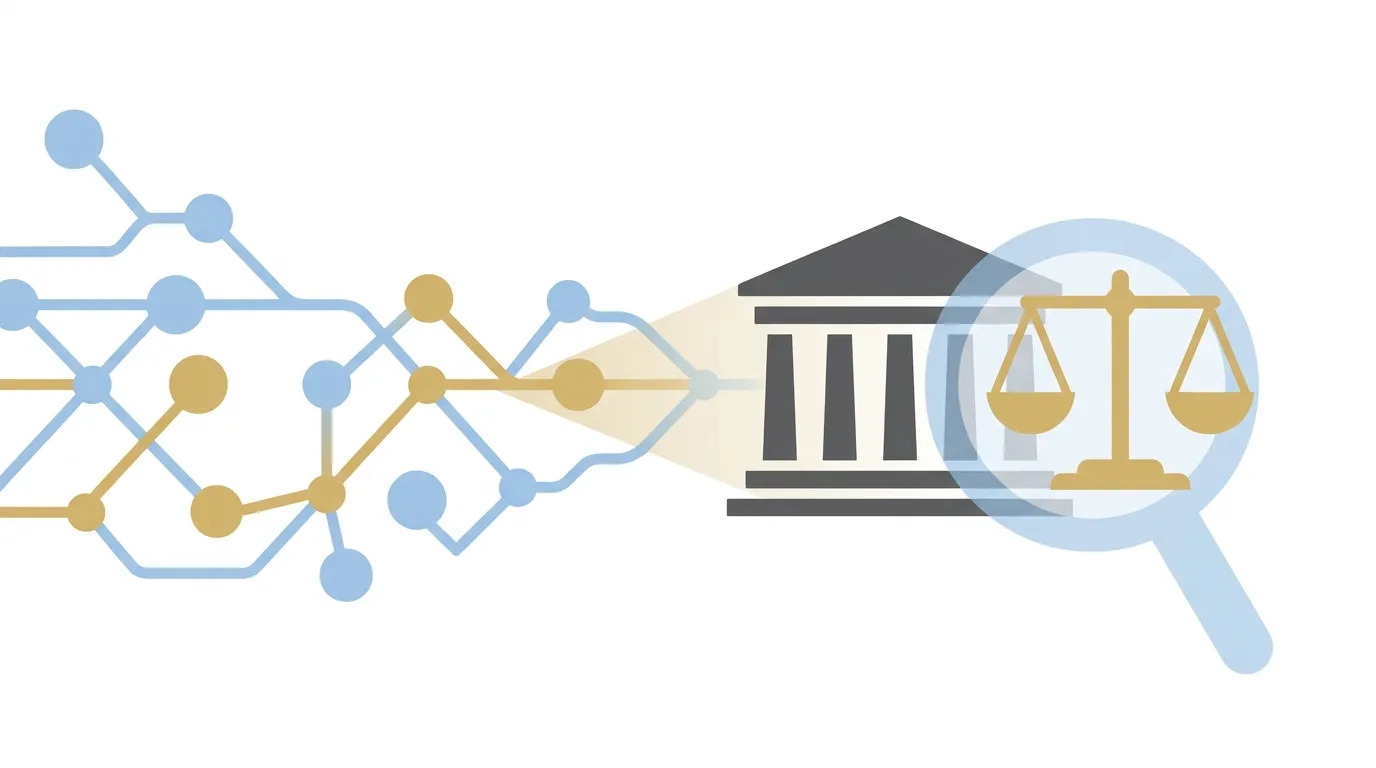 Illustration of an abstract AI neural network merging with a courthouse silhouette and magnifying glass to symbolize AI enhancing legal advertising