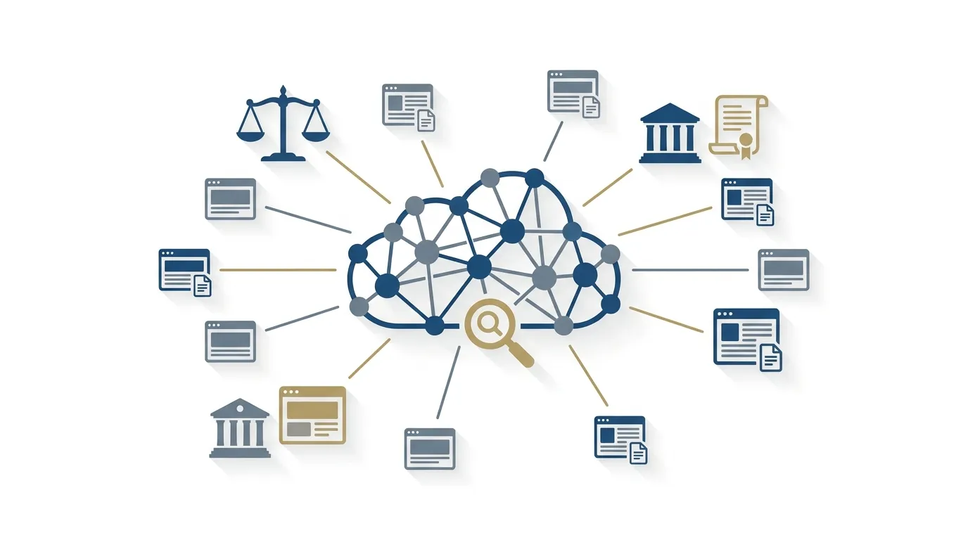 Illustration of an abstract AI brain in the center with network lines connecting to small web citation nodes. Law icons such as scales of justice and a courthouse silhouette sit near select nodes to indicate legal content. A magnifying glass motif subtly suggests search initiation. Colors: deep blue, slate gray, muted gold accents.