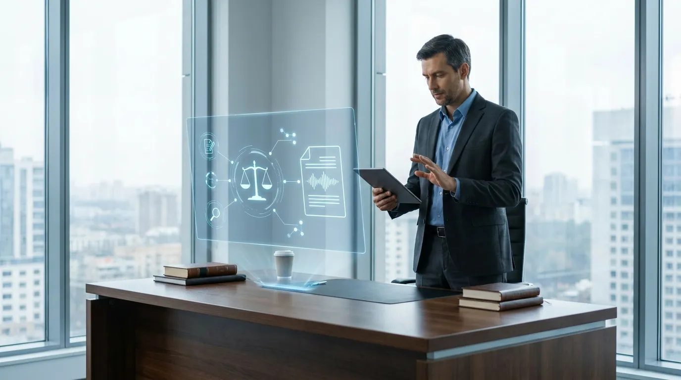 Lawyer interacting with legal AI hologram