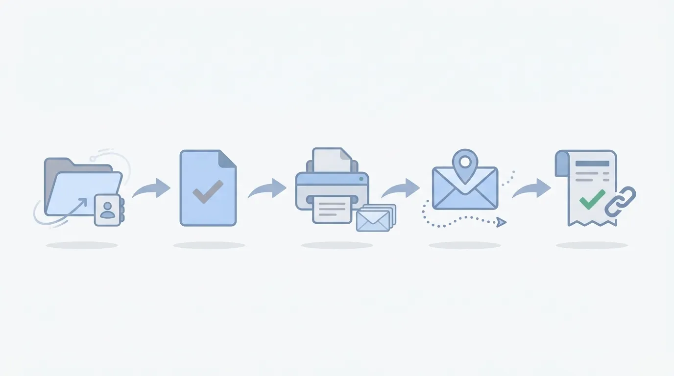 A clean horizontal illustration showing five icon steps: data sync from practice management, document selection, automatic printing and mailing preparation, postal dispatch with tracking, and billing reconciliation tied back to matters. The design uses flat icons, blues and grays, and ample white space for clarity.