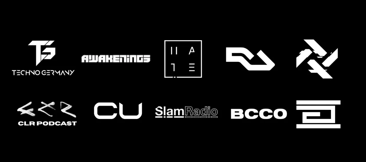 Collage of the 10 best techno podcasts 2026 including RA, CU techno, True Techno, Hate, BCCO and SLAM Radio.