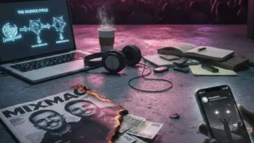 Infographic titled The Cycle of Silence illustrating the financial flow in the dance music industry between high-fee DJs, PR agencies like Jukebox, and major publications like Mixmag, exposing the lack of independent journalism