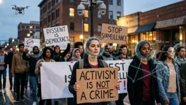 UK Protest Surveillance: Crowd of activists at night with facial recognition overlays, drones and digital targeting markers illustrating how protest attendance now triggers state biometric tracking and MI5 profiling.