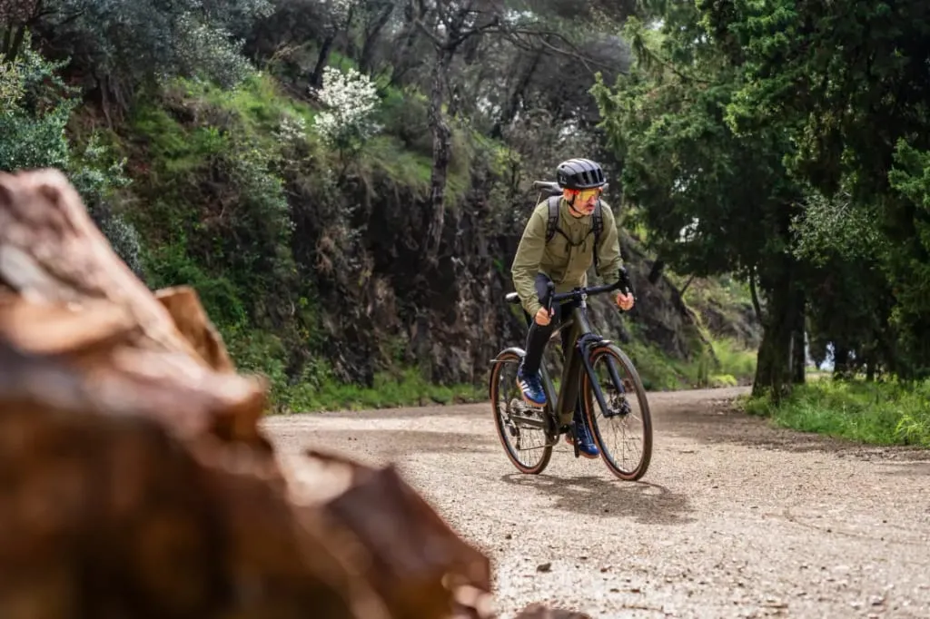 Una persona conduce una bicicleta Riese & Müller UBN Five Commute, recorriendo con destreza un sendero de tierra a través de un bosque tranquilo, ataviada con un casco y equipo para actividades al aire libre. El viaje es a la vez una aventura llena de adrenalina y una escapada a la tranquila belleza del paisaje urbano.