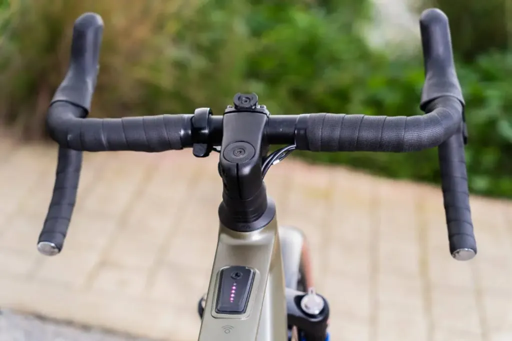 Primer plano de un manillar de bicicleta Riese & Müller UBN Five con pantalla digital, en un camino pavimentado rodeado de vegetación.