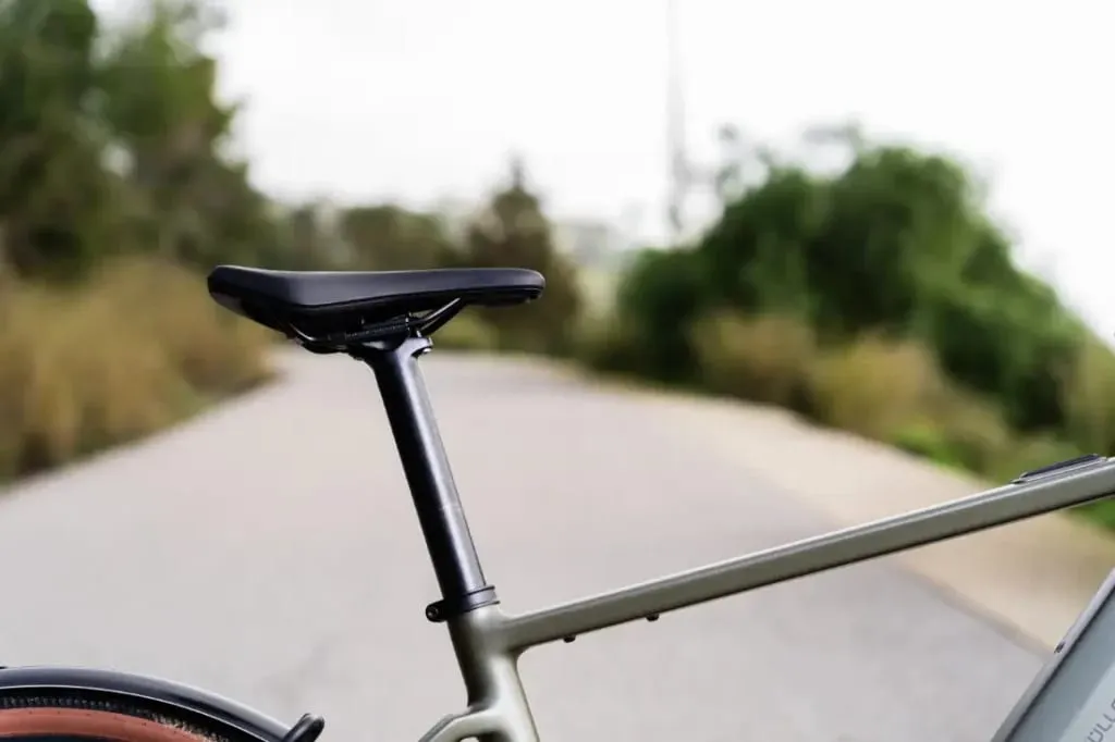 Primer plano de un asiento y un cuadro de bicicleta Riese & Müller en una carretera vacía con vegetación borrosa en el fondo, perfecto para una aventura urbana.