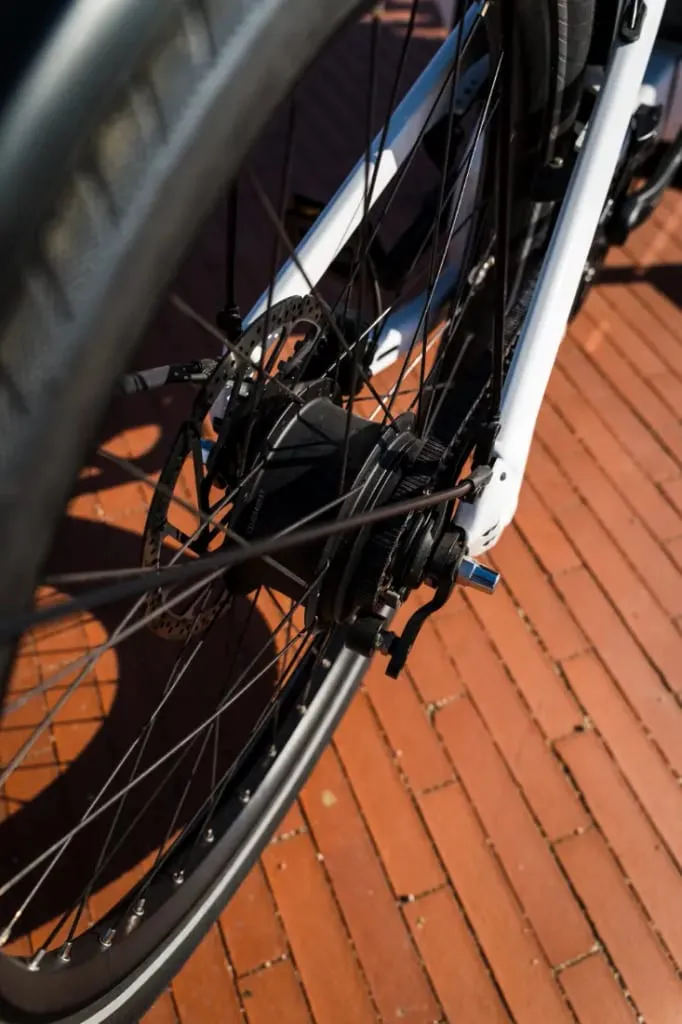 Primer plano de la rueda trasera y los radios del Riese & Müller Packster2 70 CT Vario sobre una superficie de baldosas rojas iluminada por el sol, perfecta para familias urbanas que buscan una bicicleta de carga eléctrica eficiente.