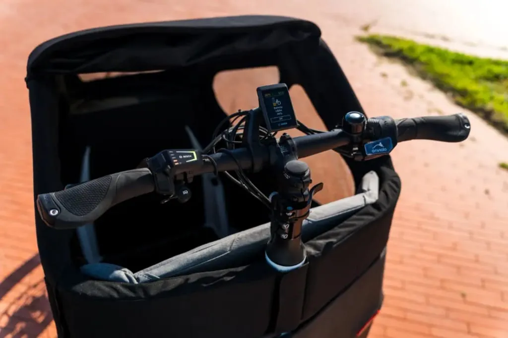 Primer plano del manillar Riese & Müller Packster2 70 CT Vario, con pantalla electrónica. La bicicleta de carga eléctrica está estacionada en un camino de ladrillos iluminado por el sol, ideal para familias urbanas que disfrutan del transporte ecológico en las frescas mañanas cubiertas de hierba.