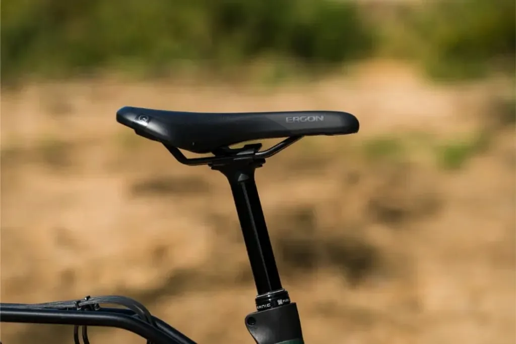 Primer plano de un asiento y una tija de sillín de bicicleta negros en la Riese & Müller Superdelite5 GT rohloff, contra un fondo exterior borroso, listos para su próxima aventura.