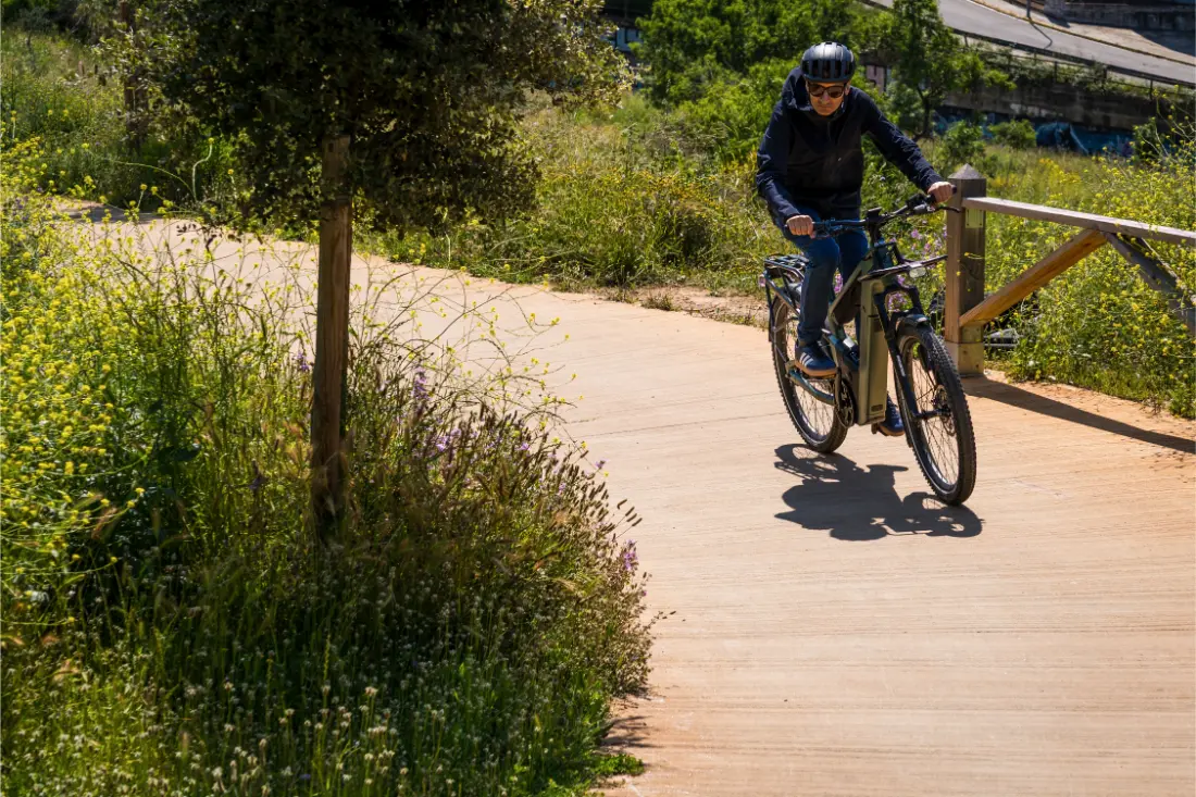 Abrazando la aventura, una persona con casco conduce una bicicleta eléctrica Riese & Müller Superdelite5 GT rohloff a lo largo de un camino soleado y sinuoso rodeado de exuberante vegetación verde.