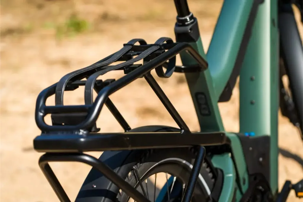 Primer plano de un portaequipaje trasero negro fijado a una bicicleta eléctrica Riese & Müller Superdelite5 GT verde al aire libre.