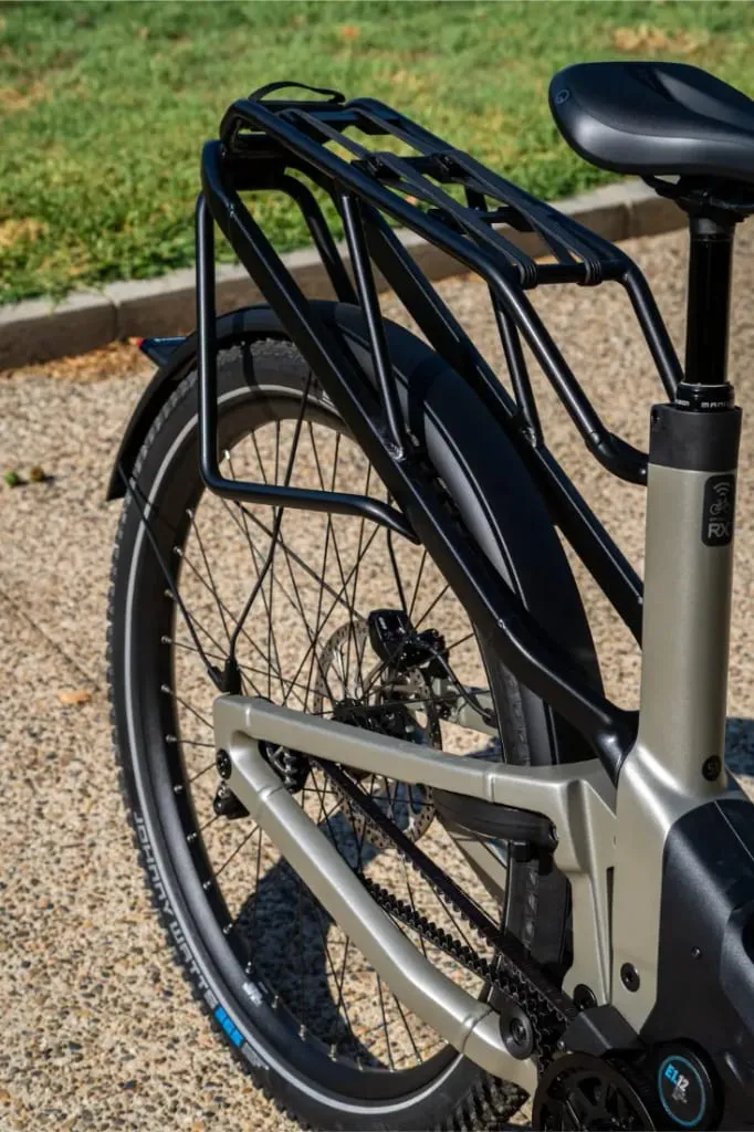 Vista trasera de una bicicleta de piñón Riese & Müller Homage5 GT con cuadro de paso bajo, mostrando la rueda trasera, el guardabarros y un robusto portacargas negro en un día soleado.