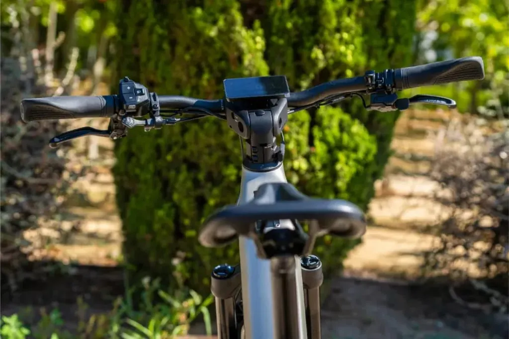 Primer plano del manillar y los mandos de una bicicleta Riese & Müller Homage5, con vegetación y árboles de fondo.