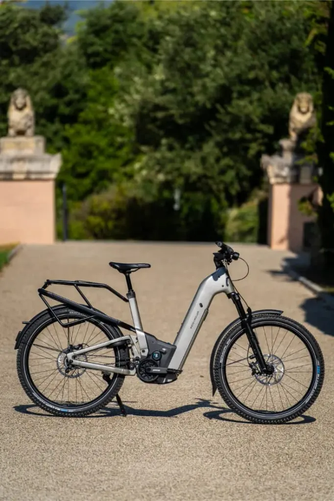 Una bicicleta eléctrica Riese & Müller Homage5 GT plateada con paso bajo y portabultos trasero está aparcada en un camino pavimentado, rodeada de vegetación al fondo.