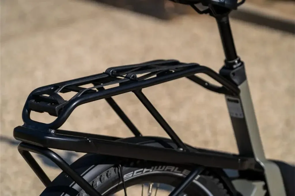 Primer plano de un portabultos trasero negro montado sobre la rueda trasera de una bicicleta Riese & Müller Homage5 paso bajo en un sendero al aire libre.