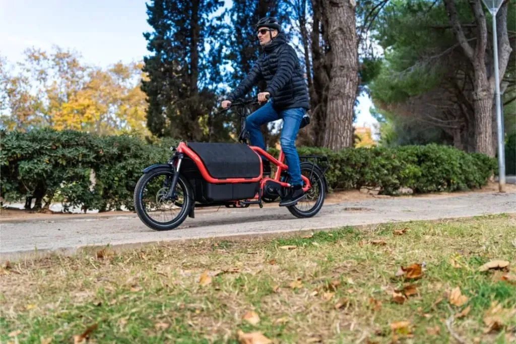 Una persona conduce una bicicleta de carga compacta Riese Müller Carrie2 por el sendero de un parque, rodeada de árboles y hojas otoñales esparcidas por el suelo.