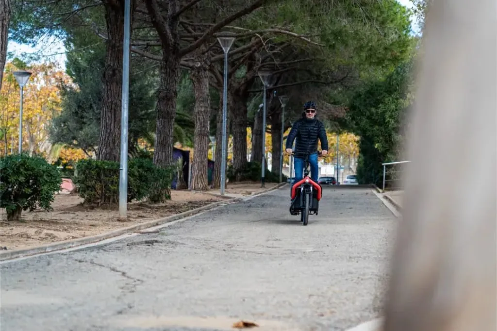 Una persona monta en una bicicleta compacta Riese Müller Carrie2 por un camino pavimentado bordeado de árboles en un parque en un día soleado.