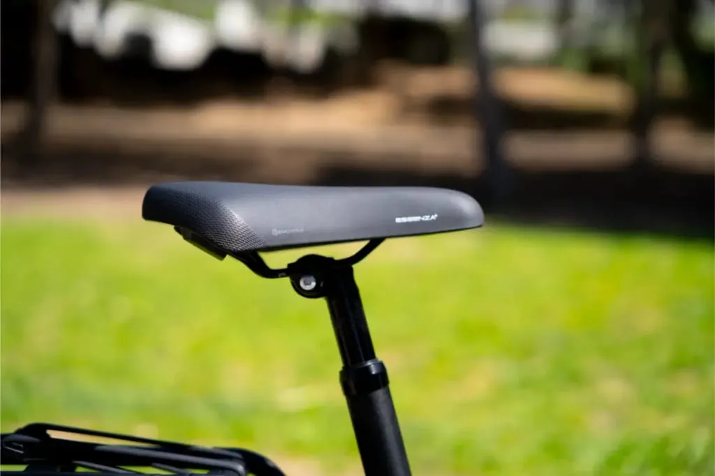 Primer plano de un sillín y una tija de bicicleta negros al aire libre, con el Nevo5 de Riese & Müller. La hierba verde y los árboles del fondo completan esta escena de lujo accesible.