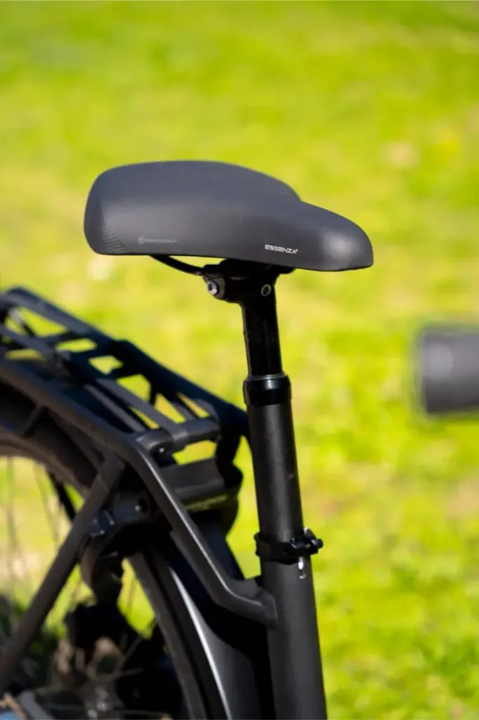 Primer plano de un sillín y portabultos trasero de bicicleta Riese & Müller Nevo5 silent CORE negro con fondo verde difuminado, resaltando el lujo accesible en cada detalle.