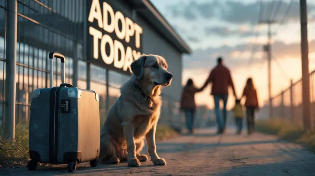 A senior dog with a suitcase sits outside an animal shelter with an "Adopt Today" sign, symbolizing the need for transparent accounting for animal shelters to support responsible pet adoption and financial reporting.