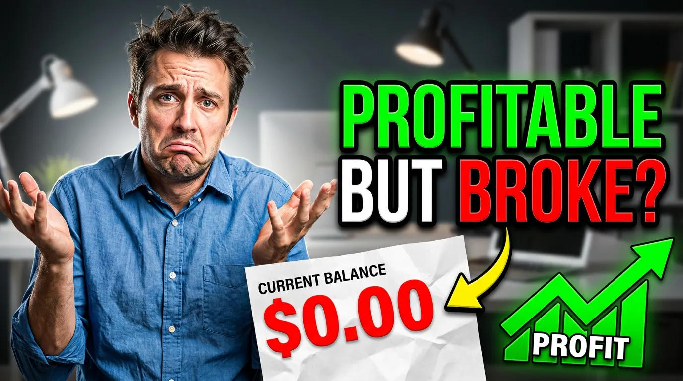 Bold thumbnail with confused owner and 'PROFITABLE BUT BROKE?' text, illustrating cash flow management for small businesses.