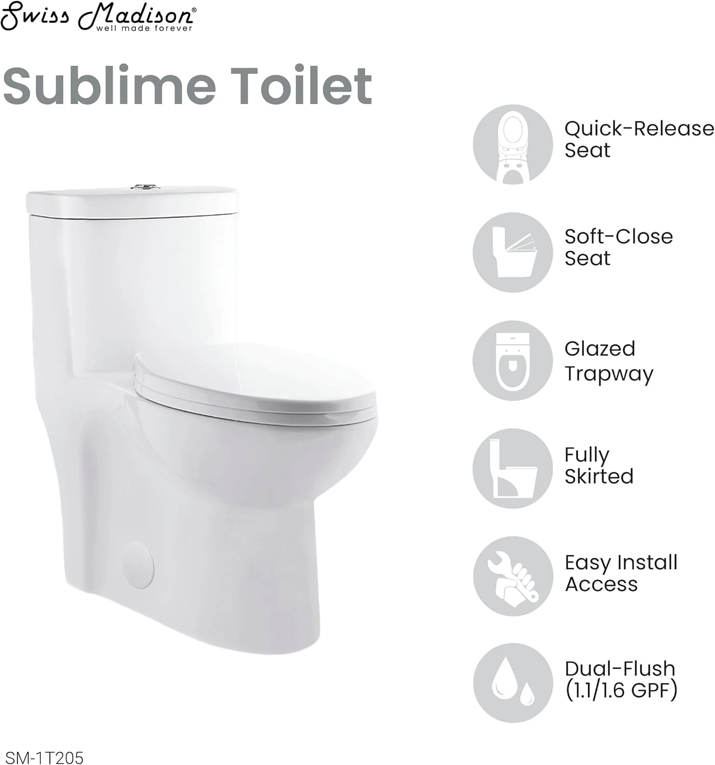 Swiss Madison Well Made Forever Sublime One Piece Elongated Toilet Dual Flush