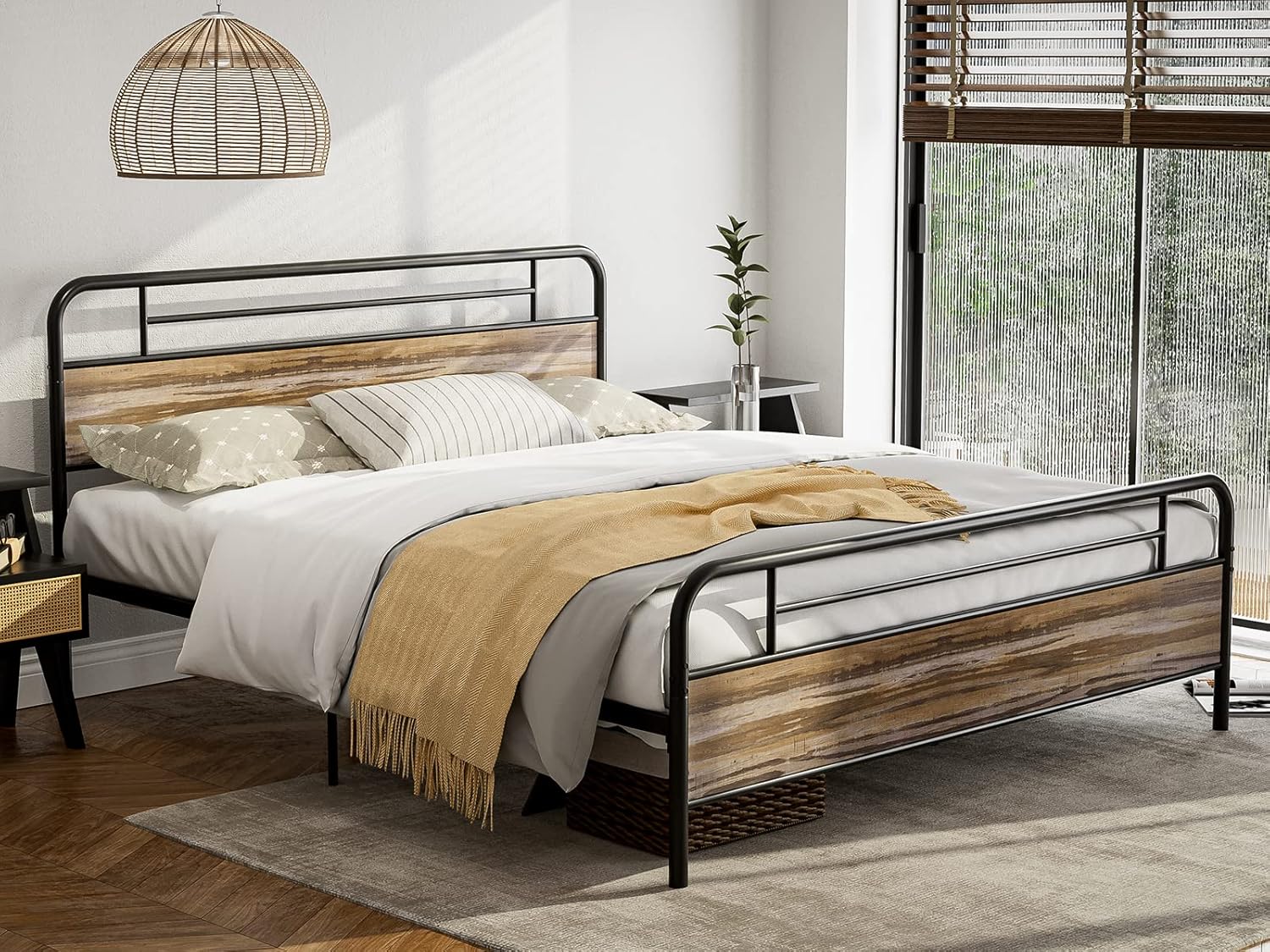 Ikifly California King Size Metal Platform Bed Frame with Wood Headboard Footboard