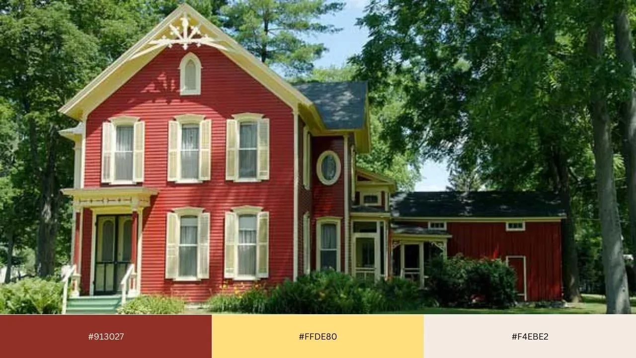 Kombinasi Warna Cat Eksterior Merah, Kuning, Dan Putih Yang Elegan Dan Mewah