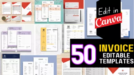 50 Editable Invoice Graphic Canva template | Custom invoice | Digital download template