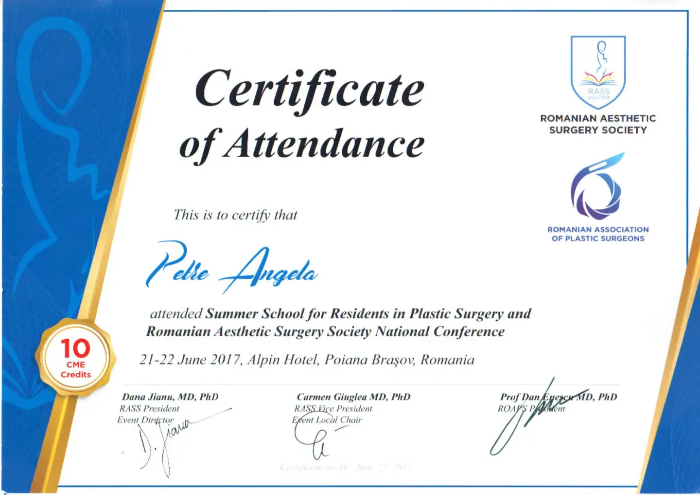 Școala de Vară pentru Rezidenți în Chirurgie Plastică si Conferinta Nationala a SRCE, Dr. Angela Petre, Poiana Brașov