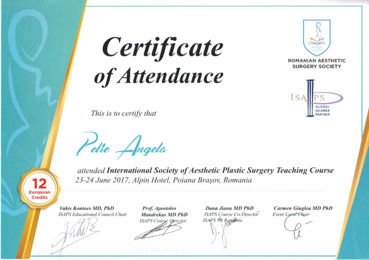 Curs de instruire ISAPS, Dr. Angela Petre, Poiana Brașov