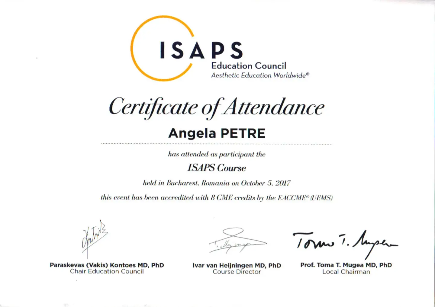 Curs ISAPS, Dr. Angela Petre, București