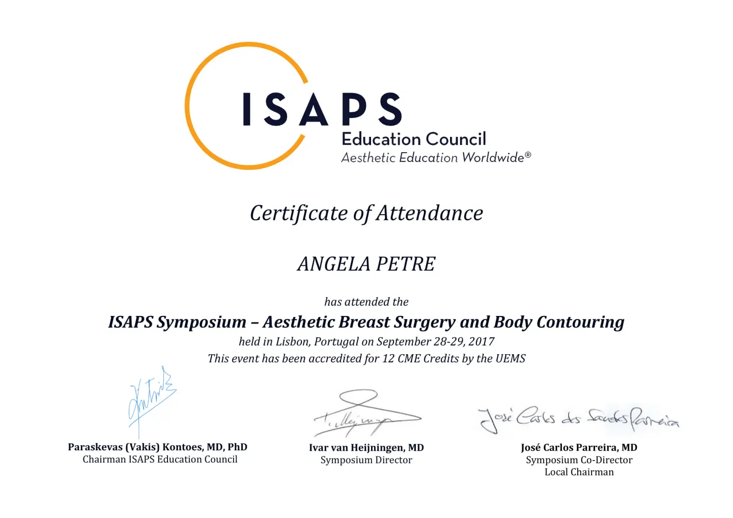 Simpozion ISAPS – Chirurgie Estetică a Sânului și Conturare Corporală, Dr. Angela Petre, Lisabona