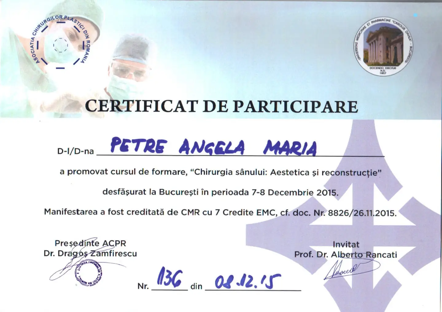 Curs de formare în chirurgia sânului estetică și reconstrucție, Dr. Angela Petre, București