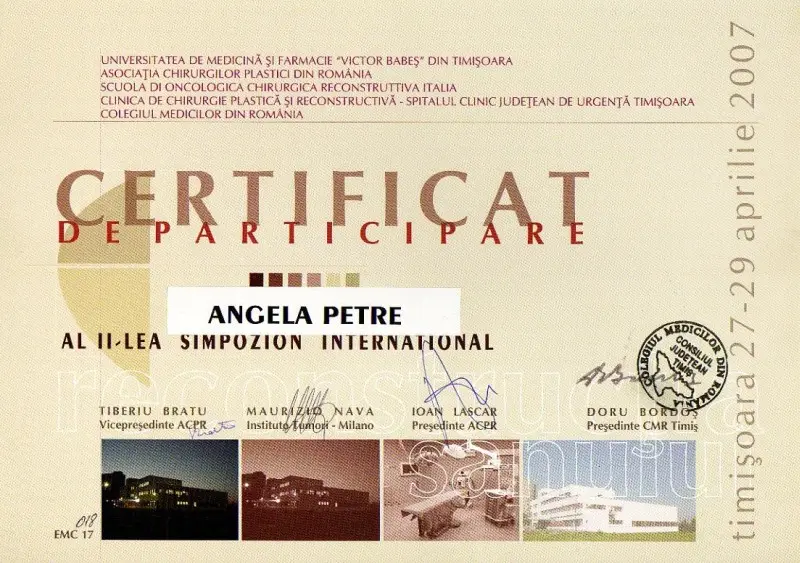 Al 2-lea Simpozion Internațional de Reconstrucție a Sânului, Dr. Angela Petre, Timișoara